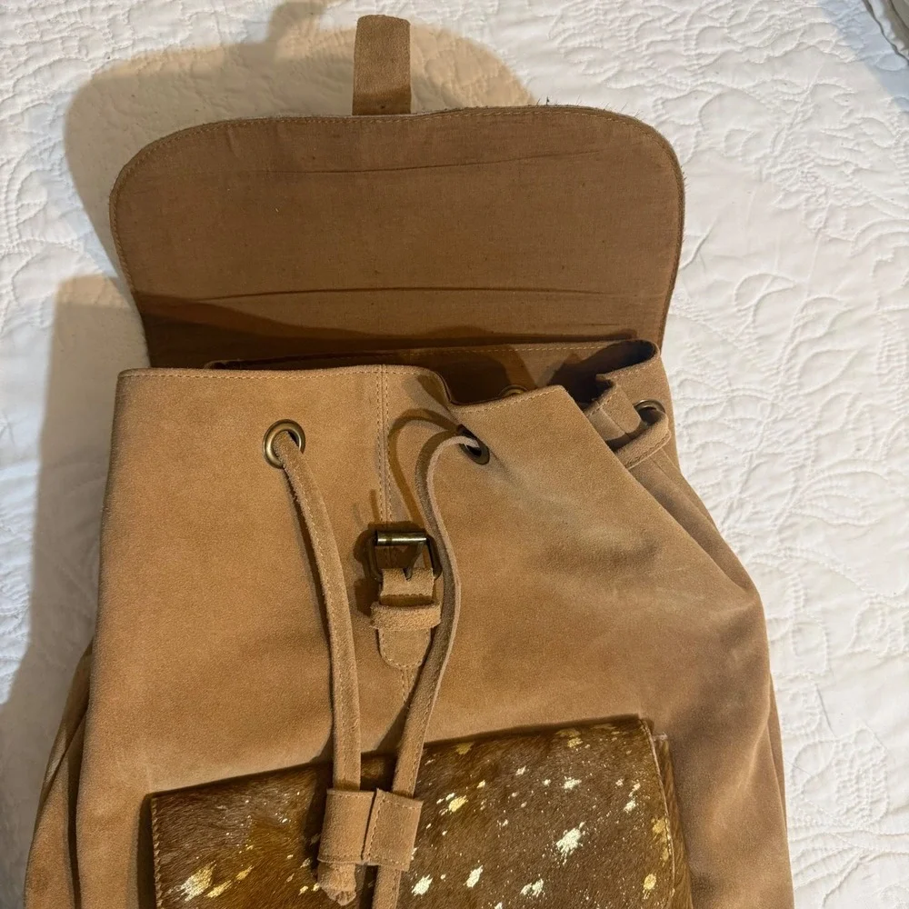 Jane Marie Tan Suede Cowhide Gold Metallic Splatter Backpack Boho Bag